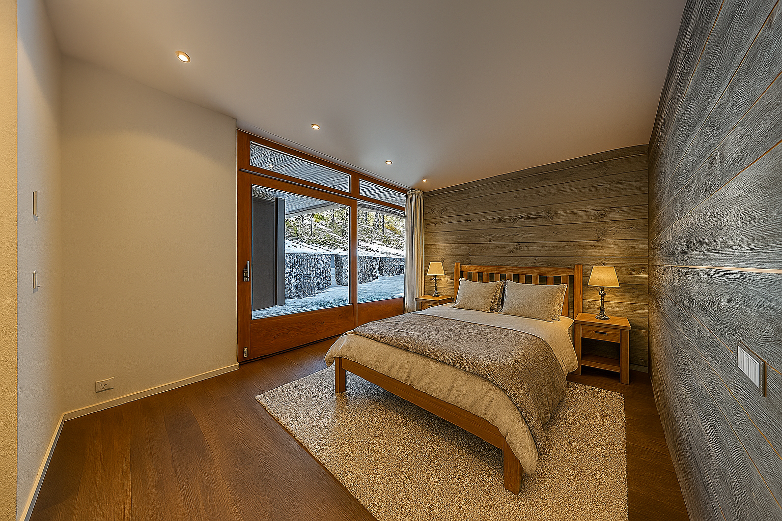 Modernes Schlafzimmer mit Naturholz und großer Glasfront