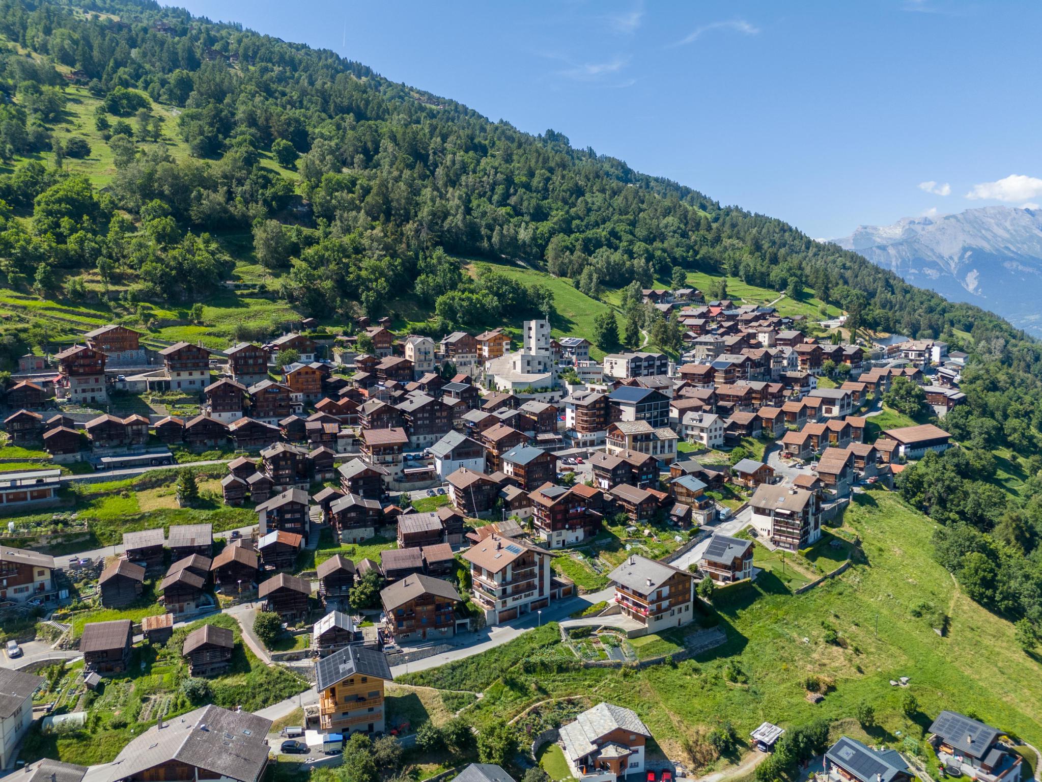 Alpendorf in grüner Berglandschaft
