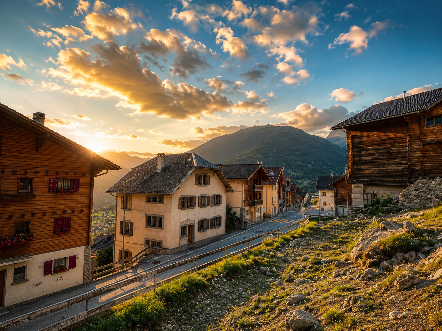 Alpines Dorf mit Bergblick bei Sonnenuntergang