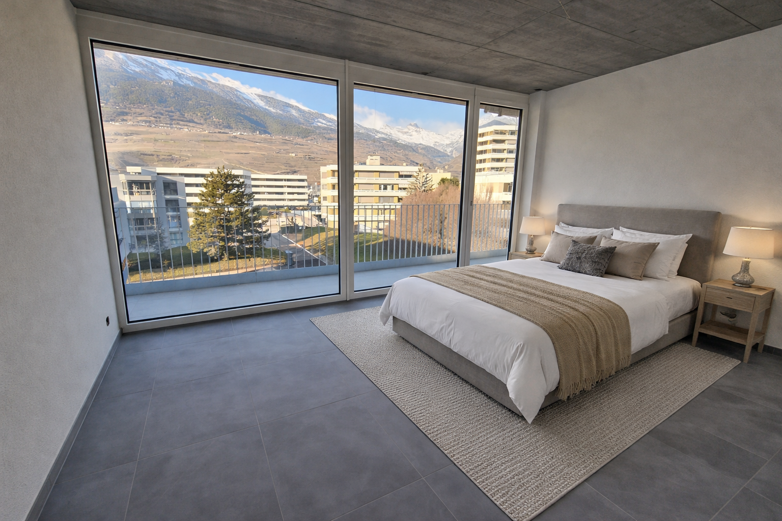 Modernes Schlafzimmer mit Panoramablick auf Berge