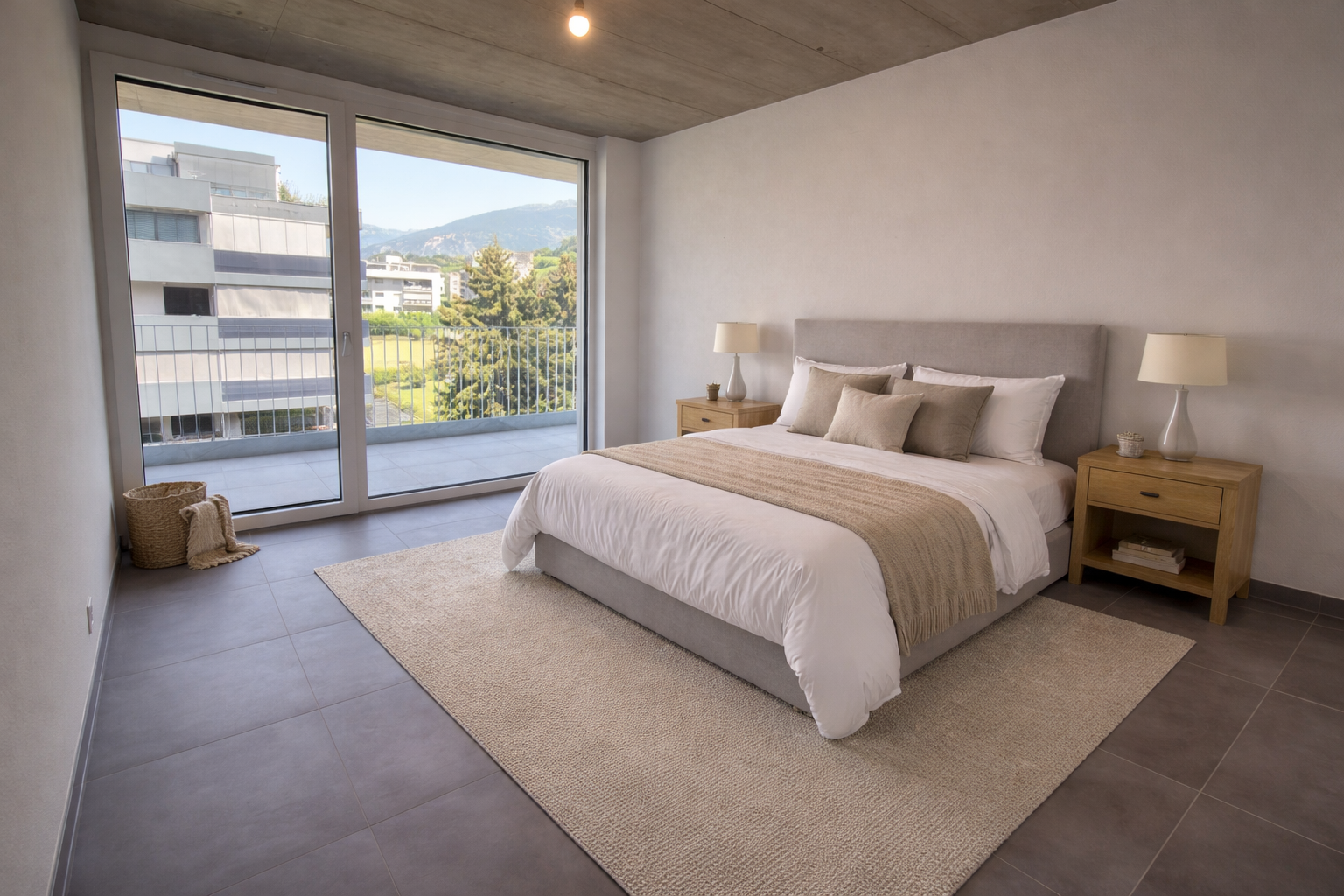 Modernes Schlafzimmer mit Balkonblick