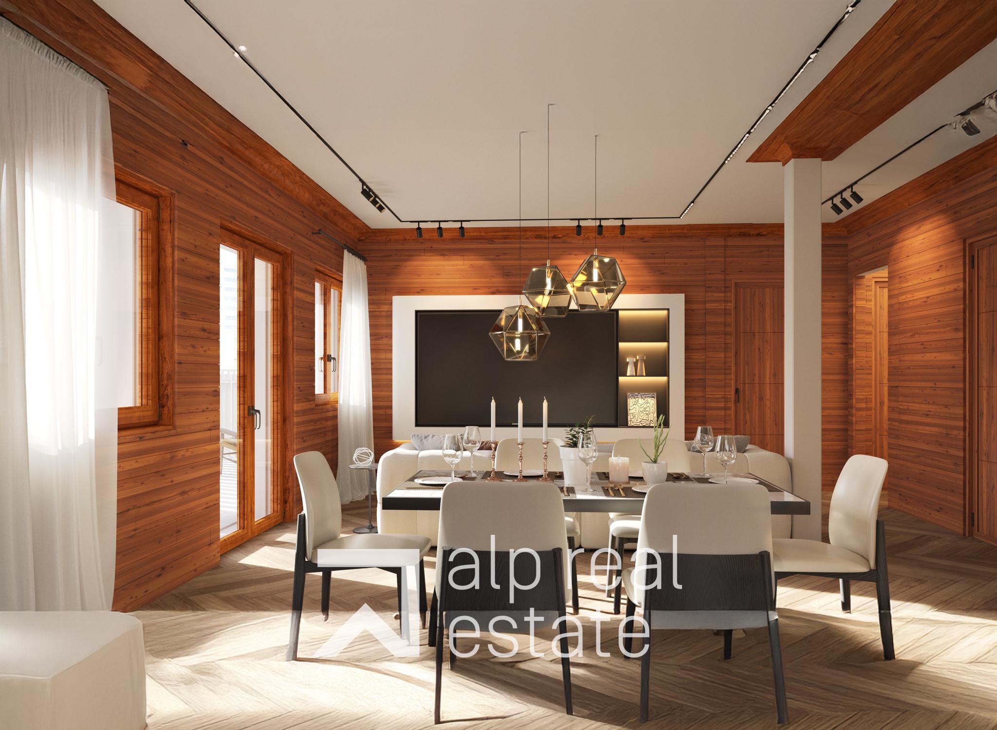 Esszimmer mit Holzverkleidung und Designer-Beleuchtung