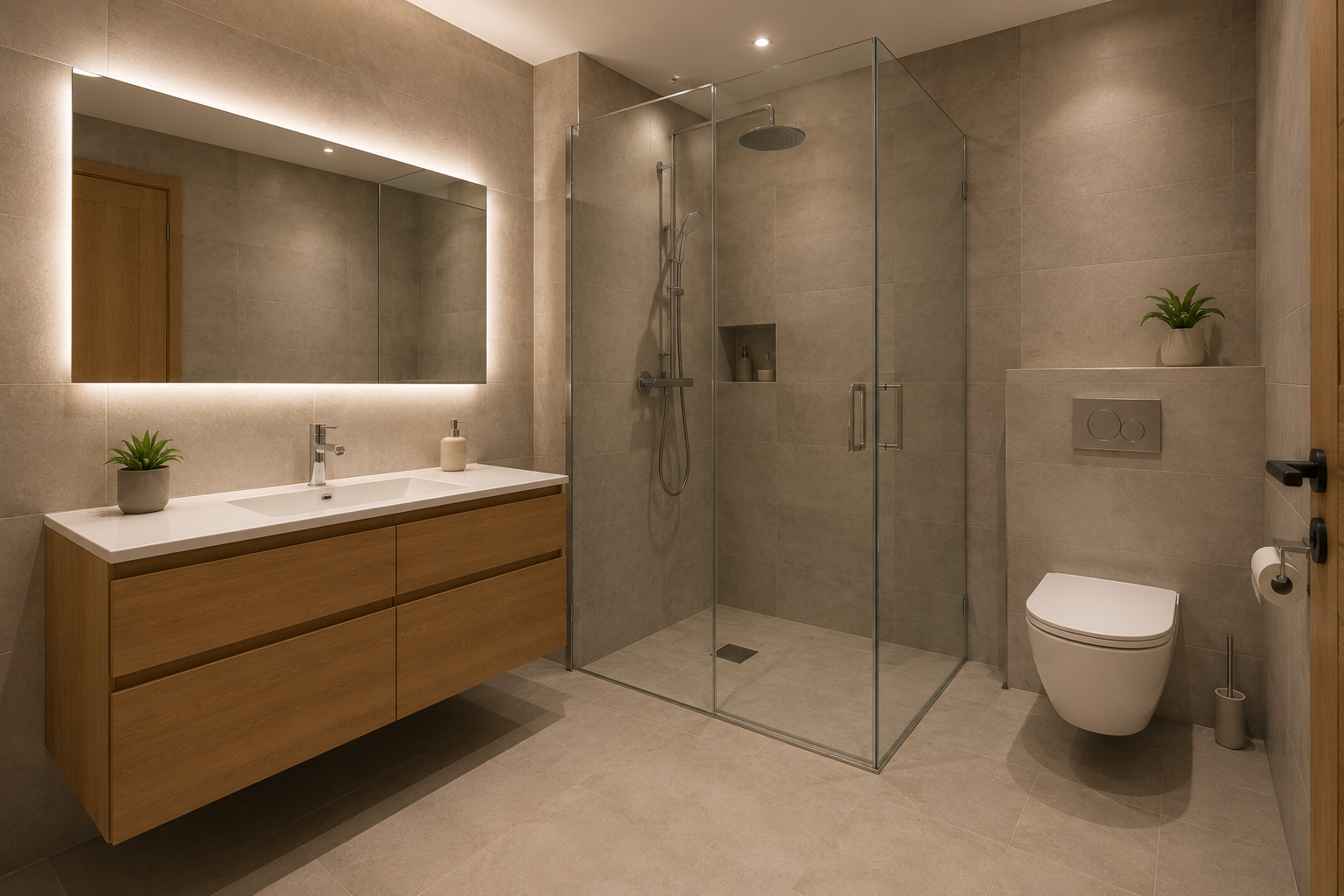 Modernes Badezimmer mit Walk-in-Dusche und Waschtisch