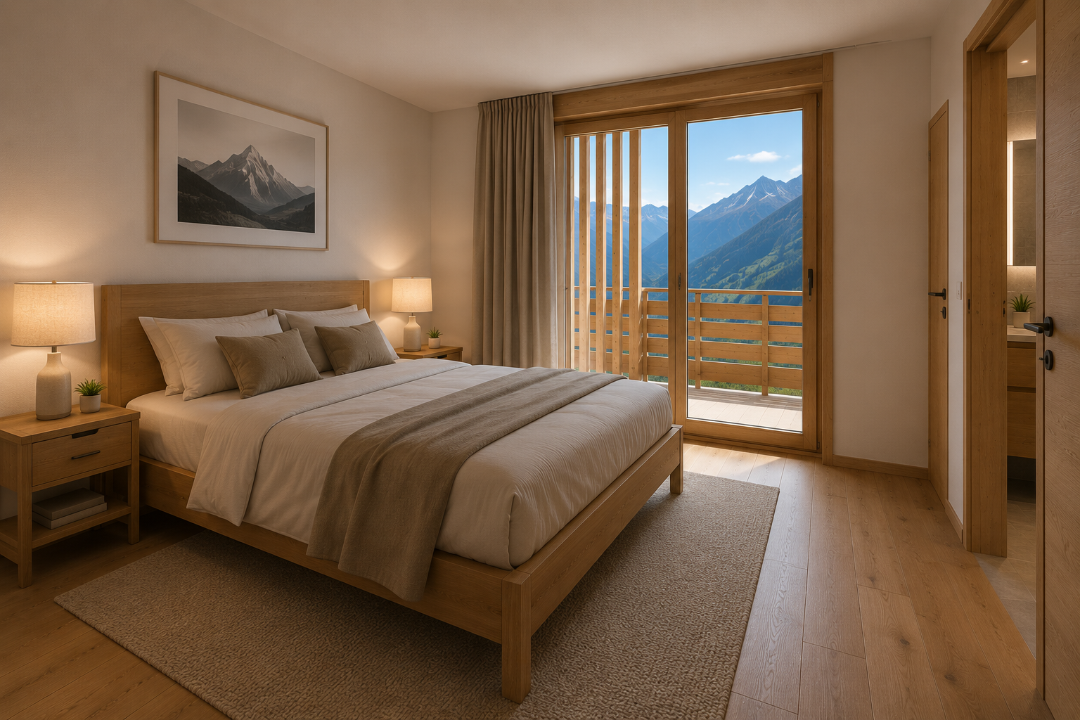 Helles Schlafzimmer mit Bergblick und Holzakzenten