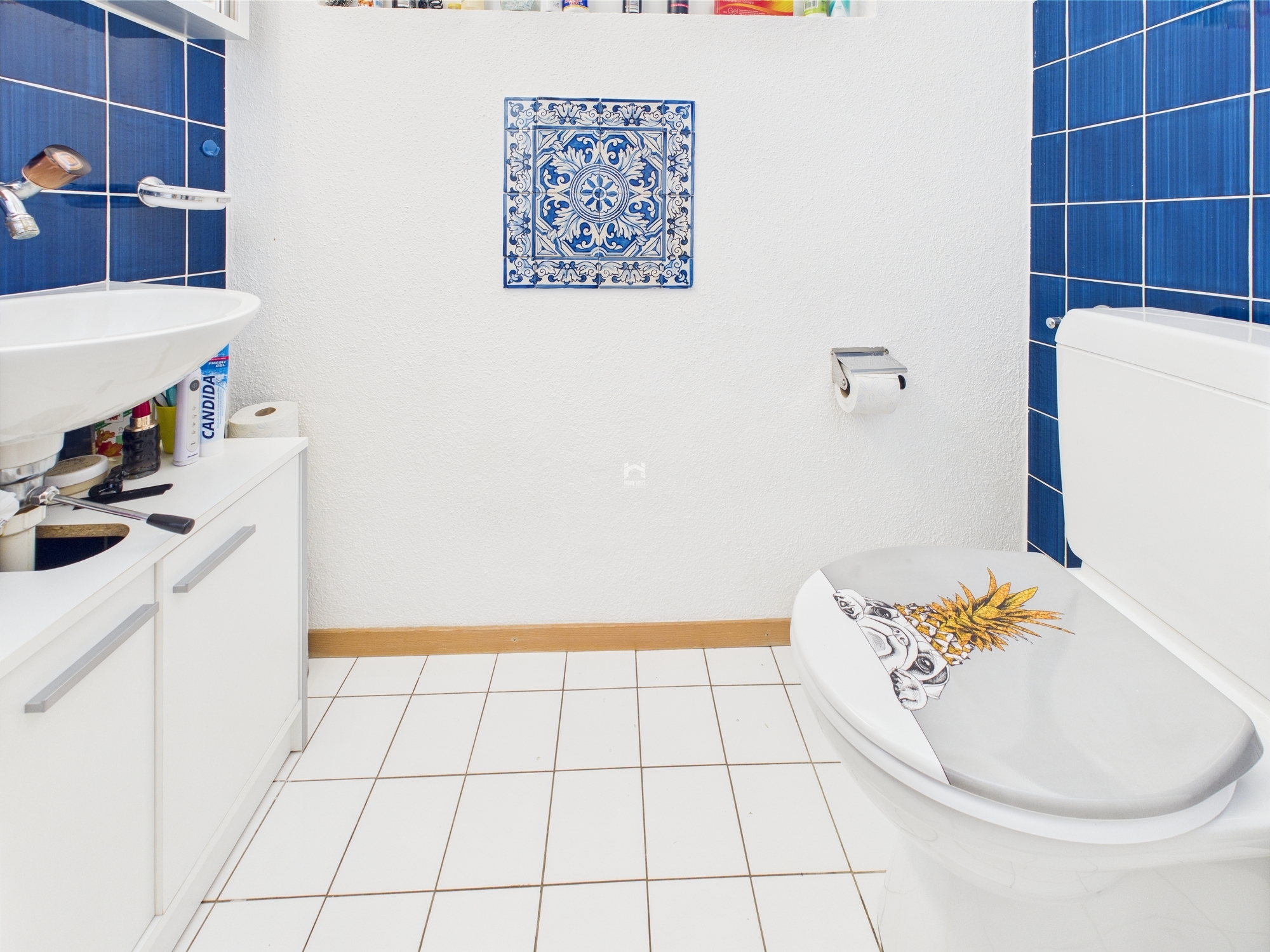 Kleines Badezimmer mit blau-weißen Fliesen