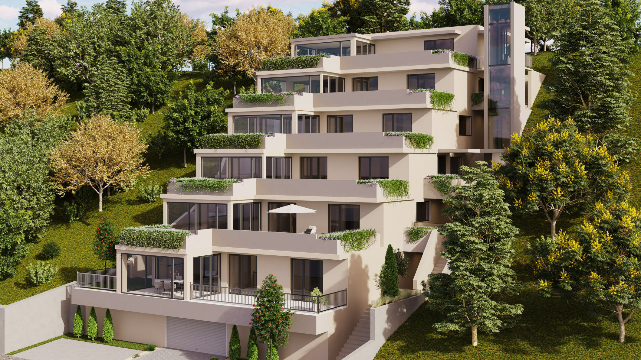 Modernes Terrassenhaus im Grünen
