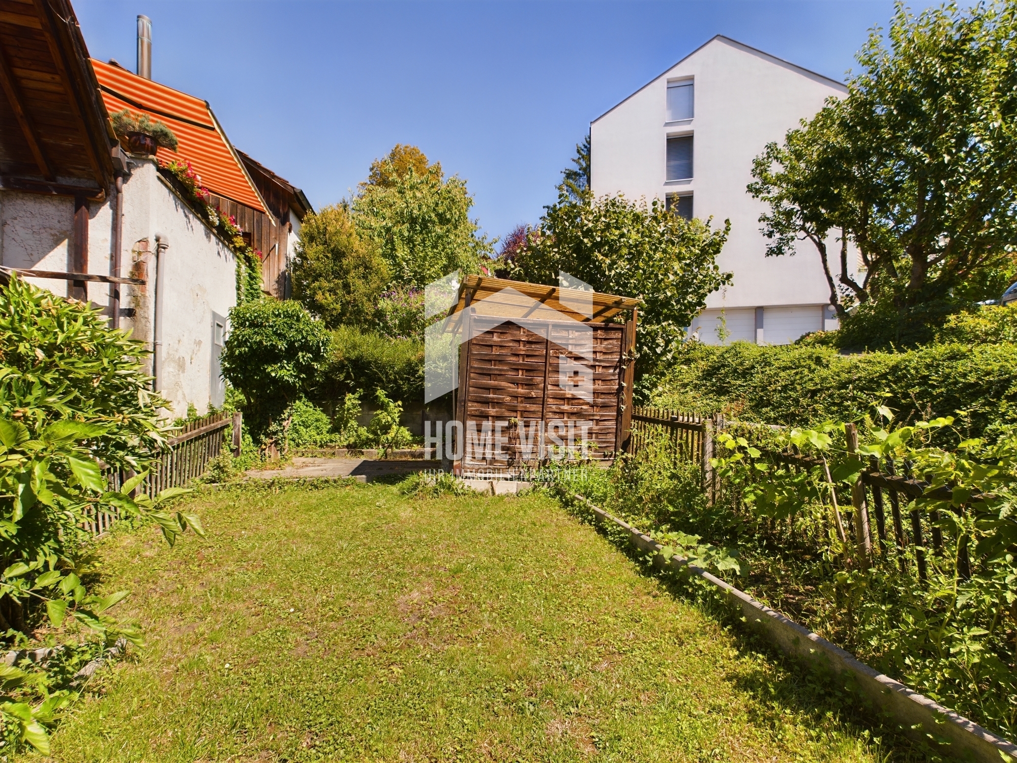 Bewachsener Garten mit Schuppen und Nachbargebäuden