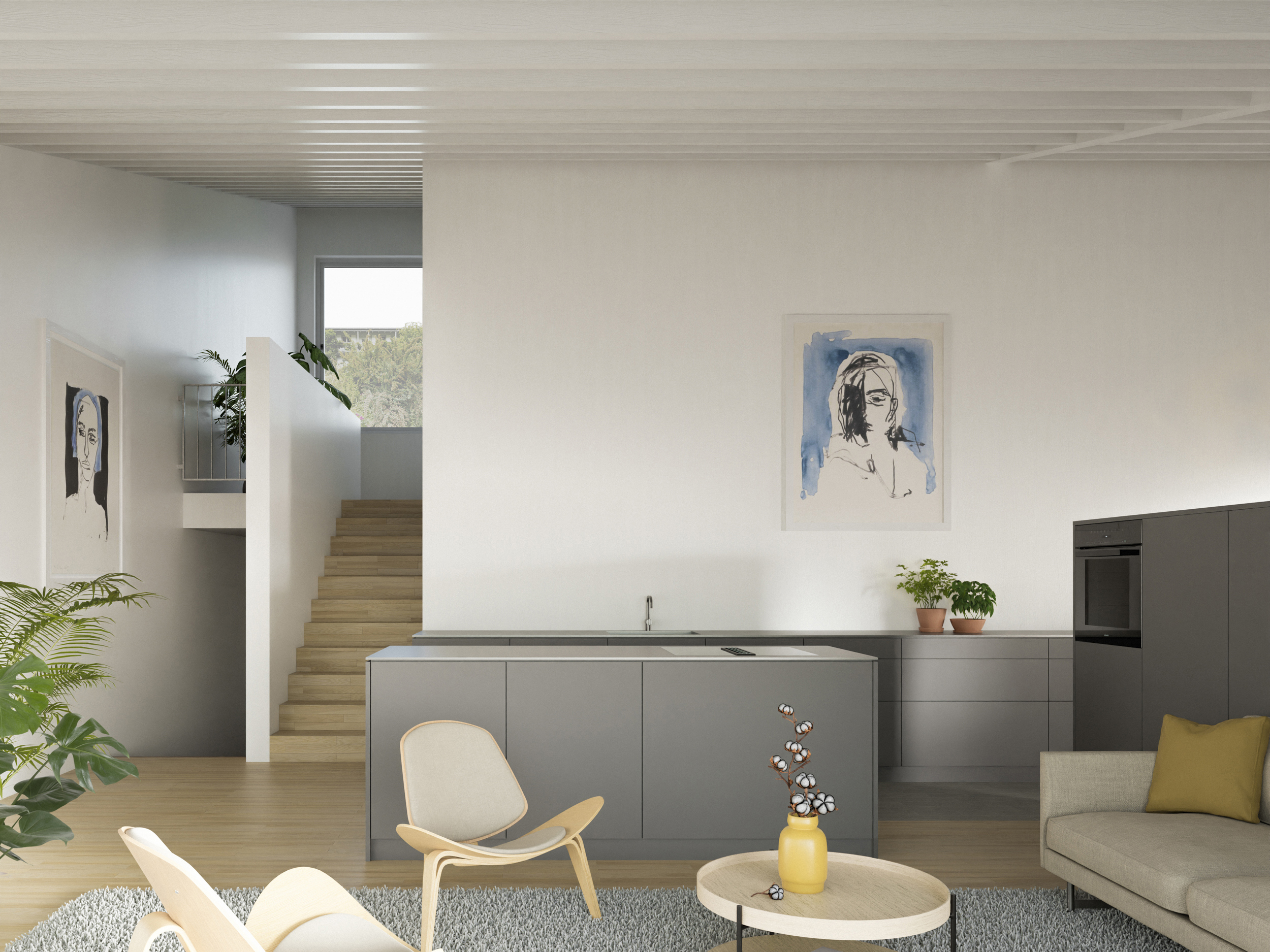 Offener Wohnbereich mit Küche und Treppe