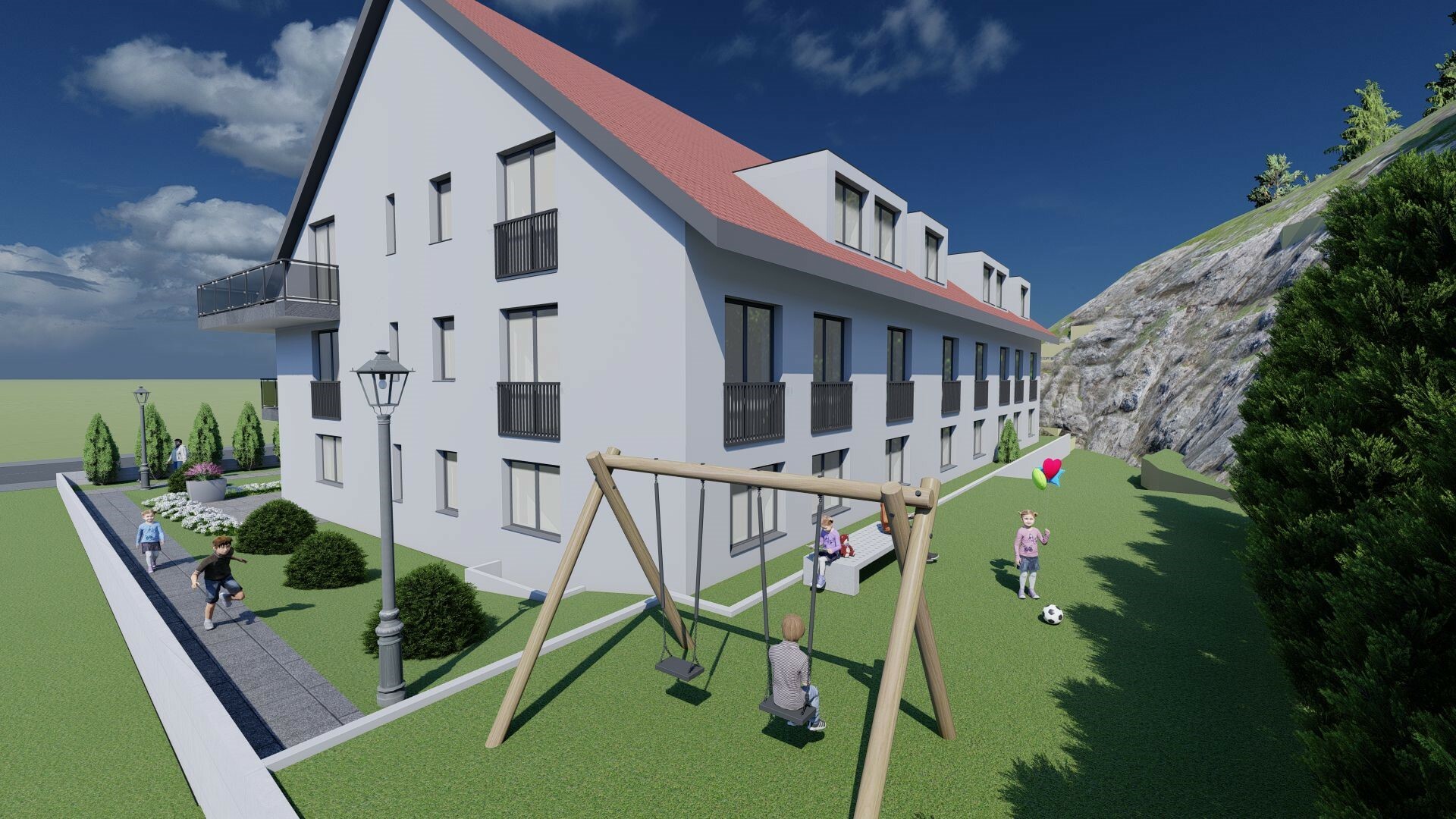 Modernes Mehrfamilienhaus mit Garten und Spielbereich