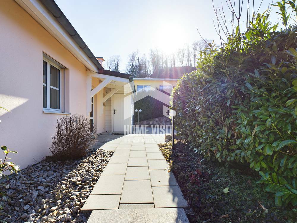 Hauszugang mit gepflastertem Weg und Gartenbegrünung