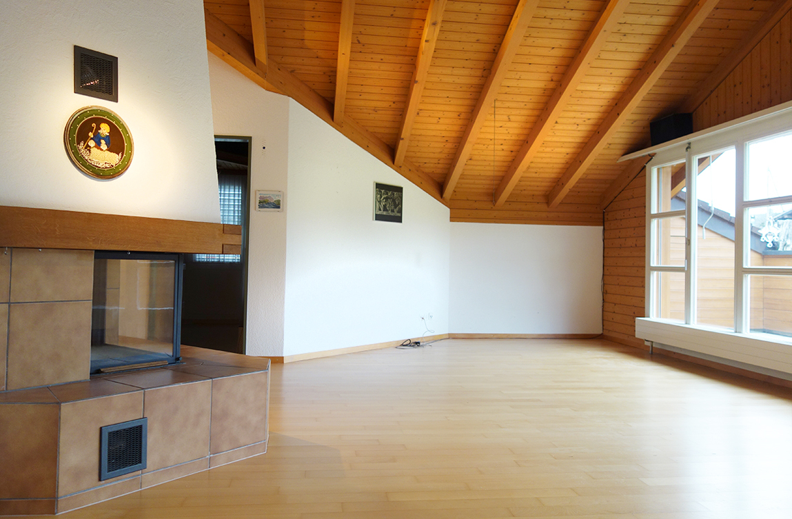 Großer Wohnraum mit Kamin und Holzdecke