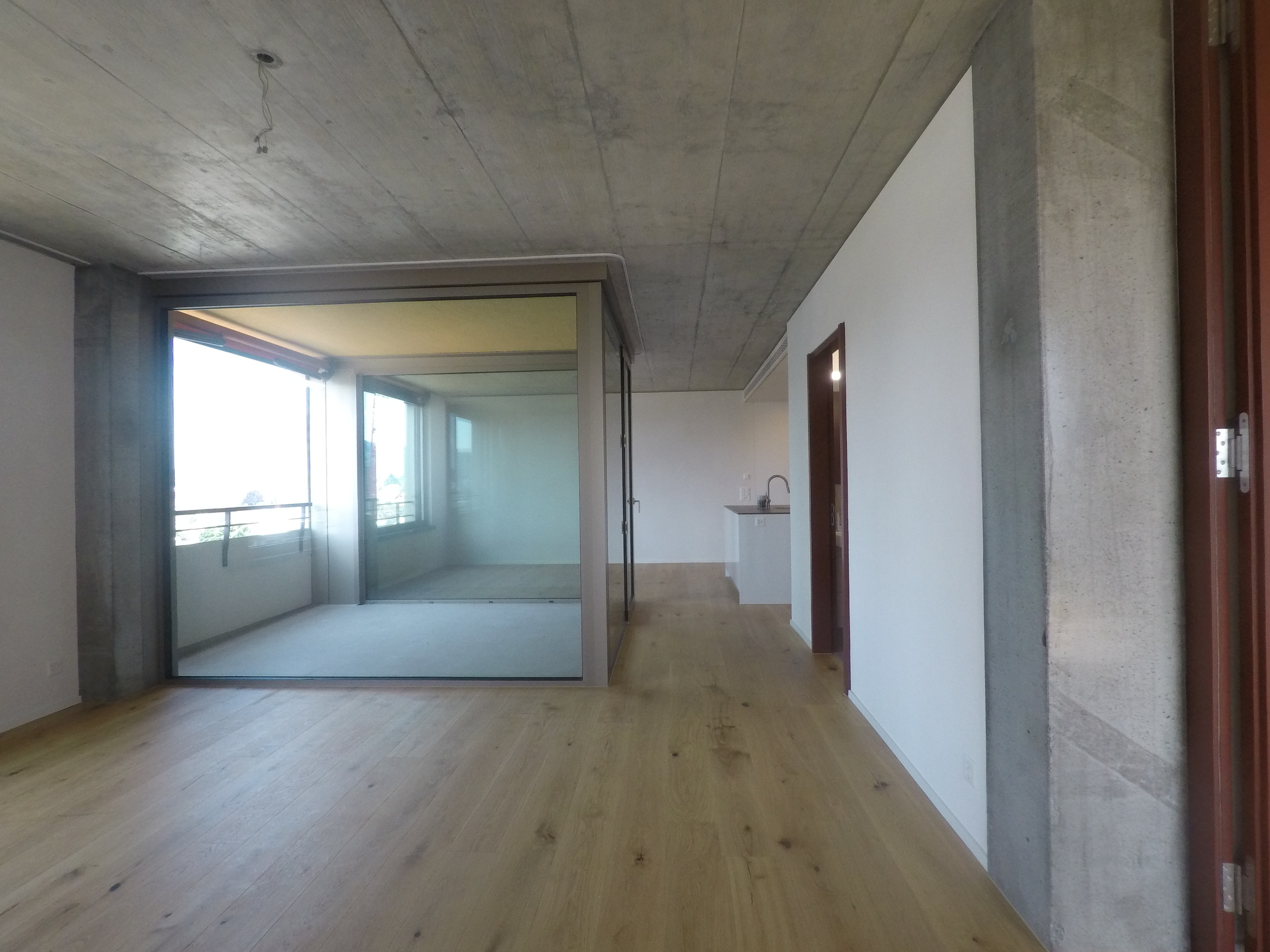 Moderner Wohnbereich mit Sichtbeton und Holzfußboden
