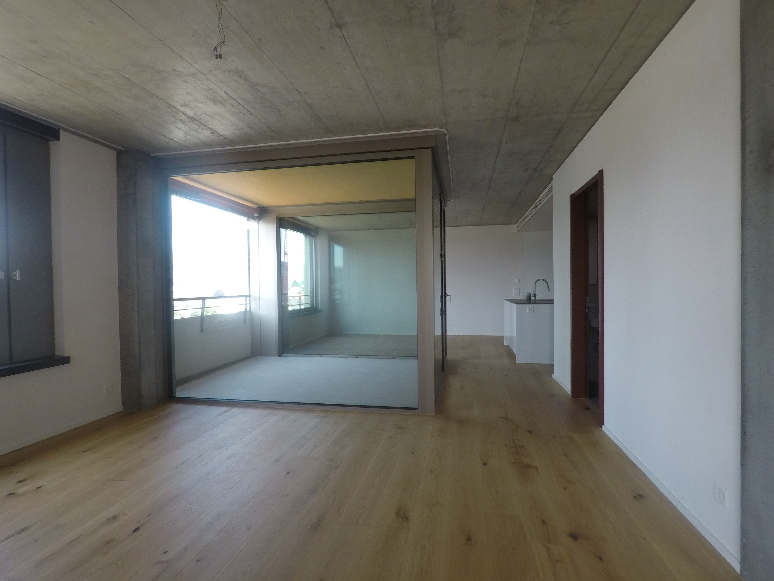 Modernes, leeres Wohn-/Loftzimmer mit Balkonzugang