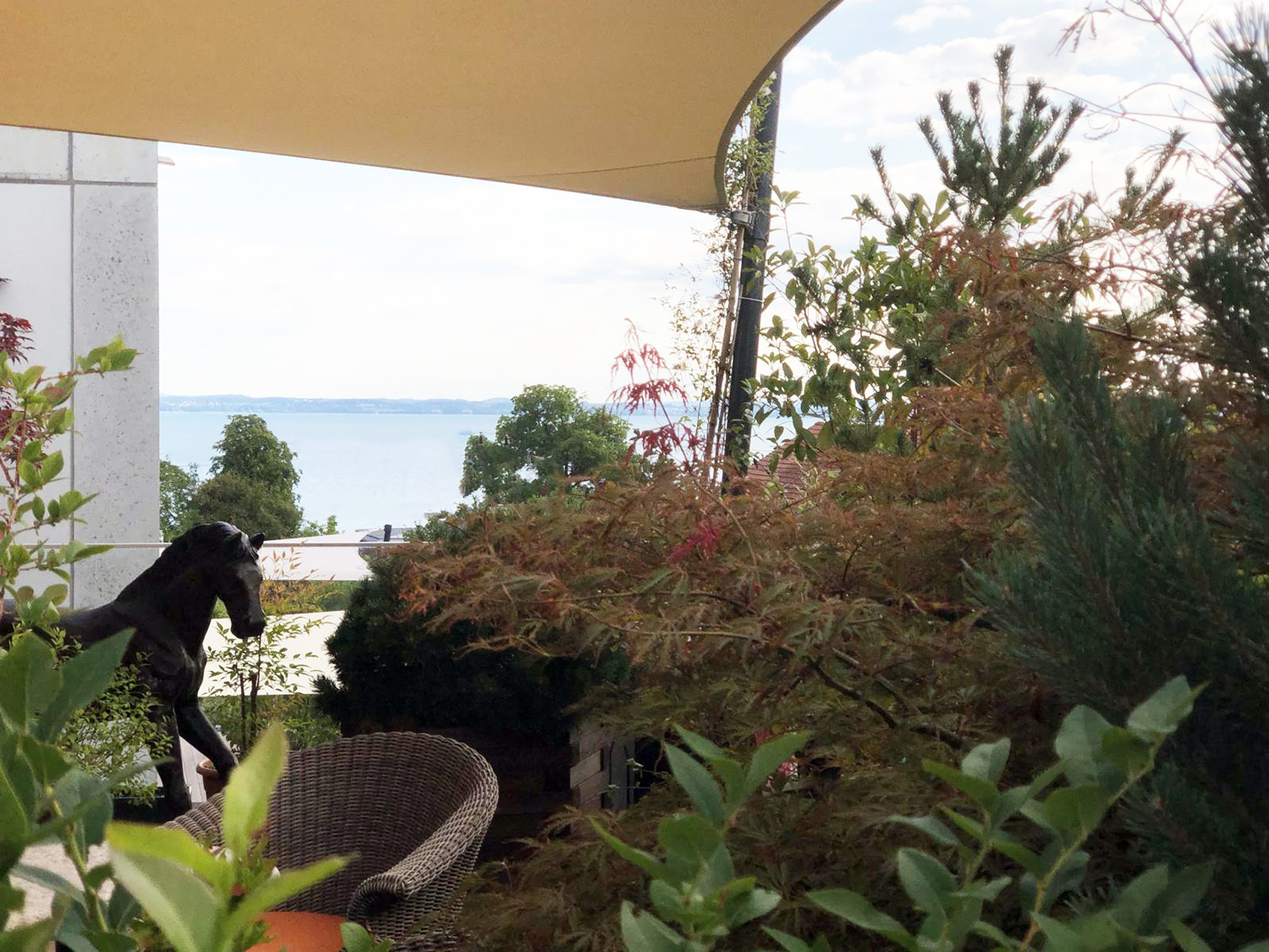 Terrasse mit Seeblick und Pflanzen
