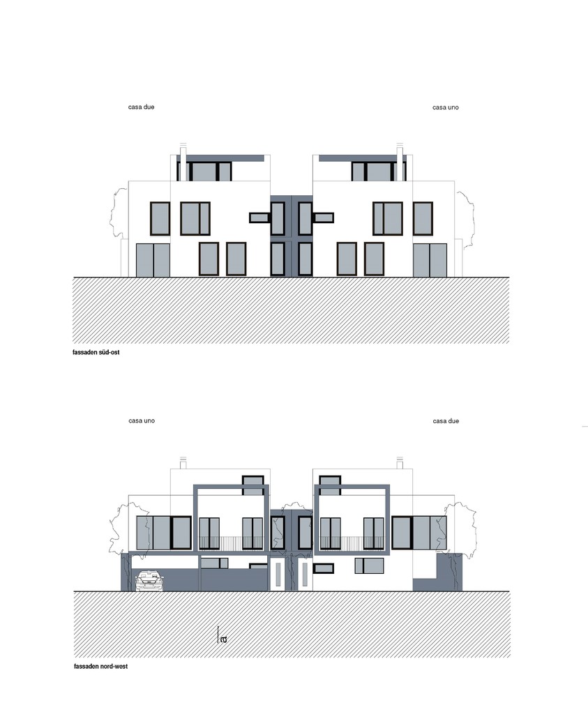 Doppelansicht einer architektonischen Fassadenzeichnung