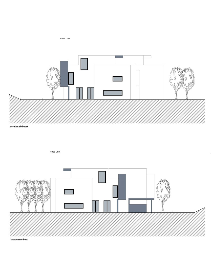 Architekturzeichnung mit zwei Fassadenansichten eines modernen Hauses