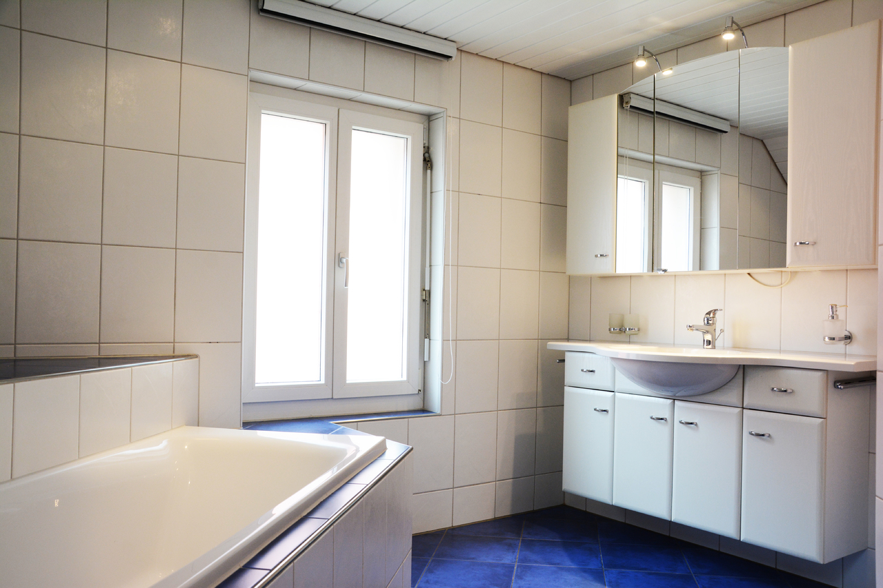 Badezimmer mit Badewanne und Waschtisch