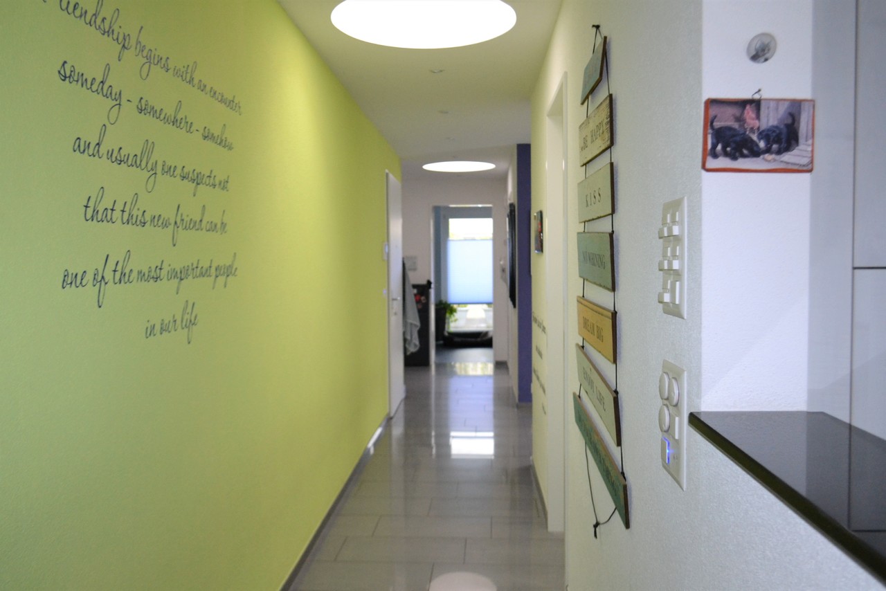 Flur mit Wanddekoration und glänzendem Boden