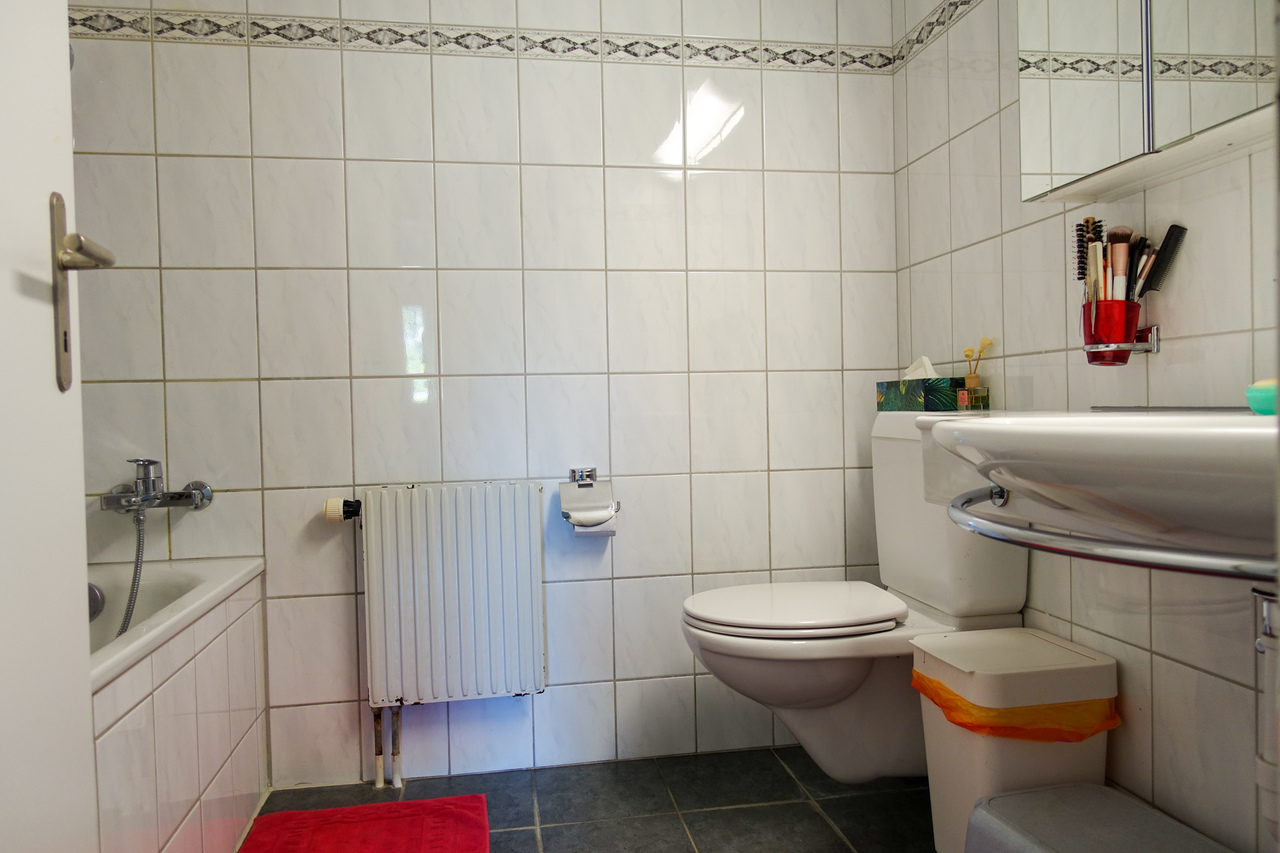 Kleines Badezimmer mit WC und Badewanne
