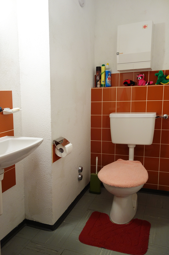 Kleines Gäste-WC mit orangefarbenen Fliesen