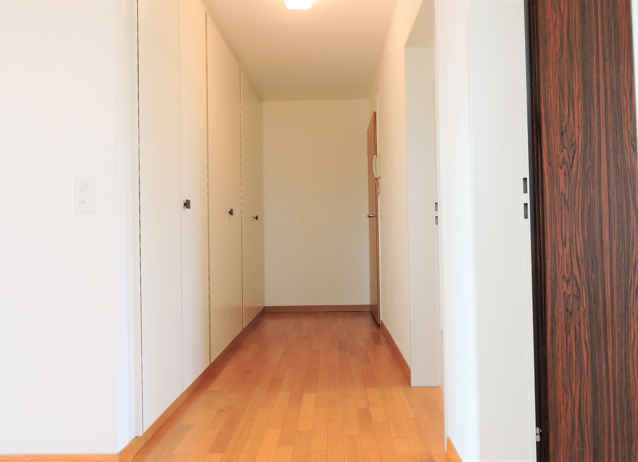 Heller Flur mit Holzboden und Einbauschränken