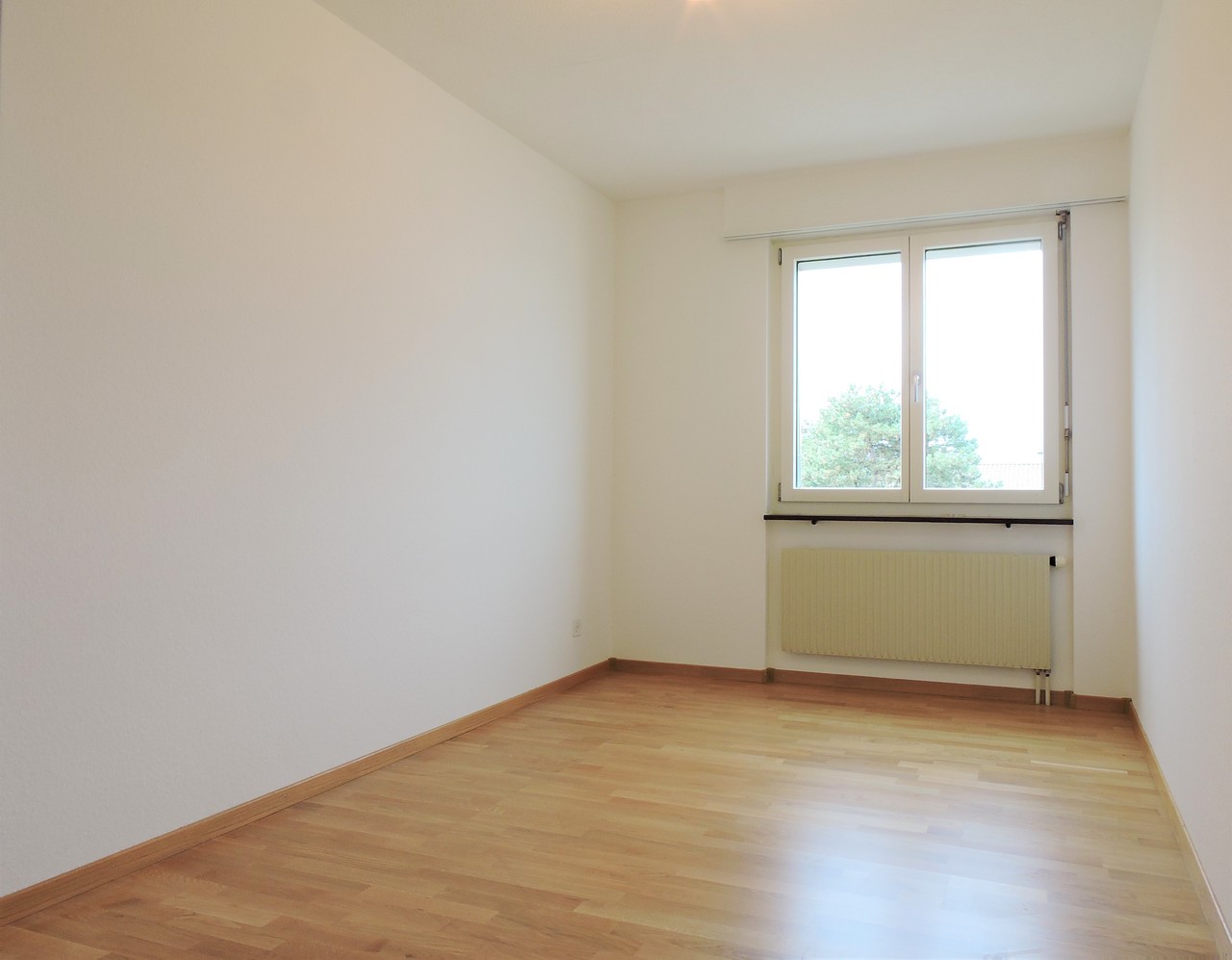 Leerer heller Raum mit Fenster und Heizkörper