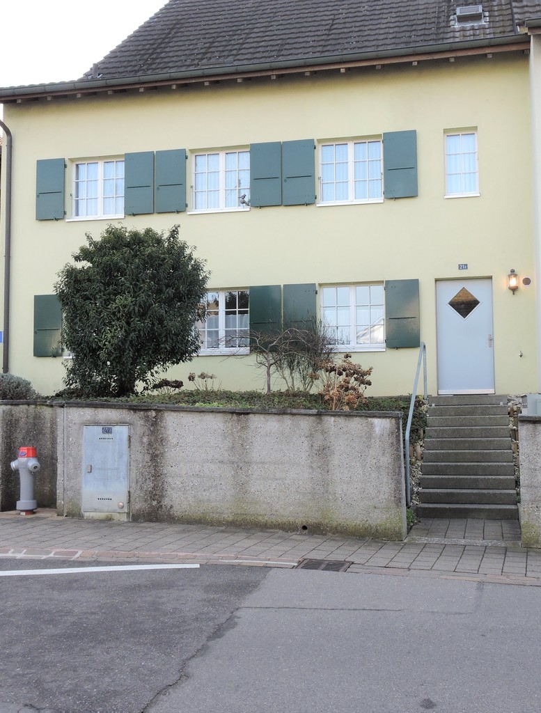 Hausfassade mit Eingang und Vorgarten