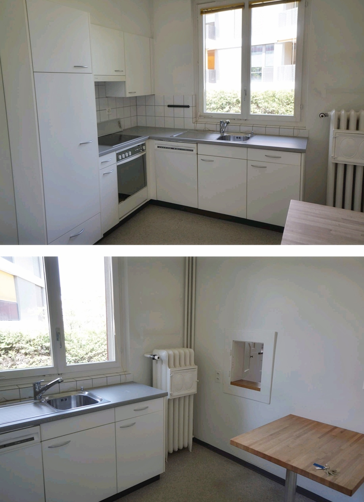 Kleine Küchenzeile mit Fenster und Heizkörper