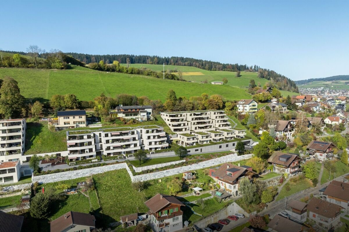 Luftaufnahme eines Wohngebiets mit Hanglage