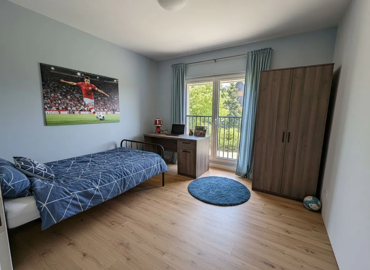 Jugendzimmer mit Bett, Schreibtisch und Kleiderschrank