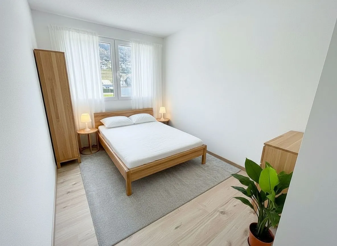 Helles Schlafzimmer mit minimalistischer Einrichtung