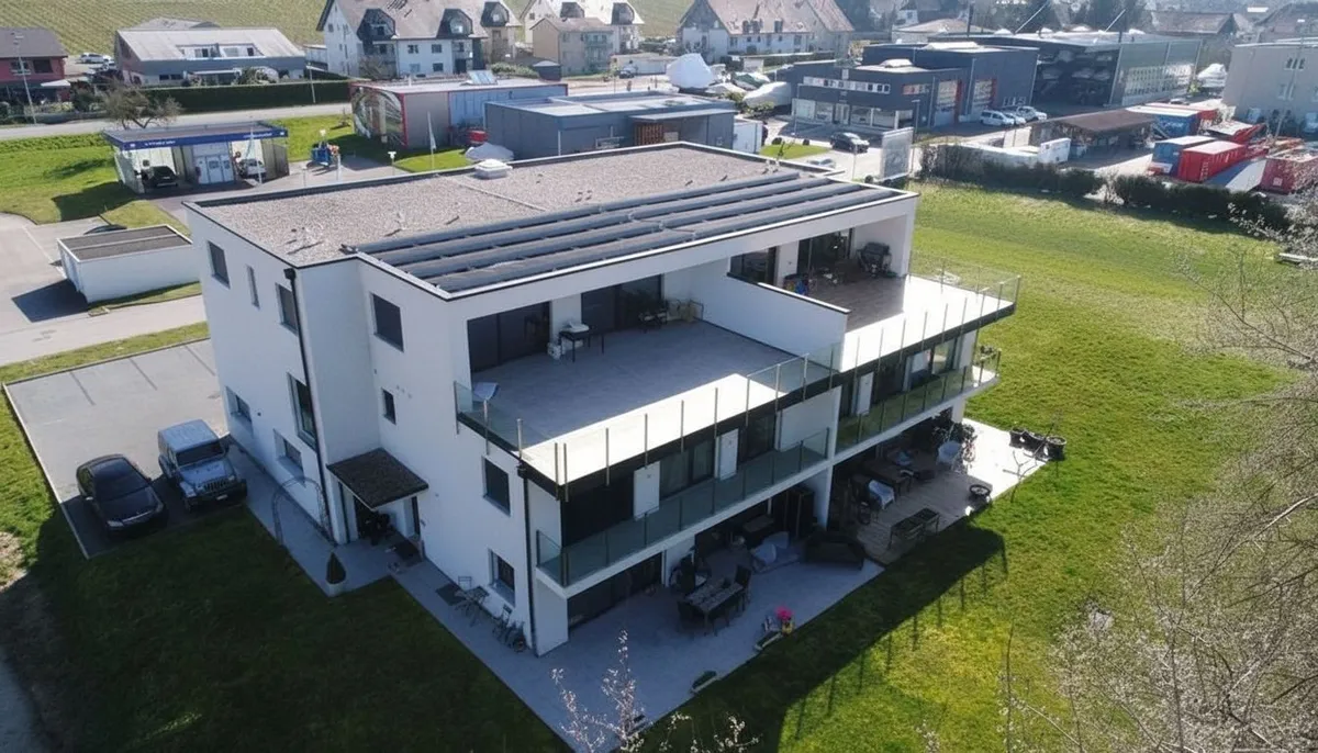 Luftaufnahme eines modernen Mehrfamilienhauses mit Dachterrassen