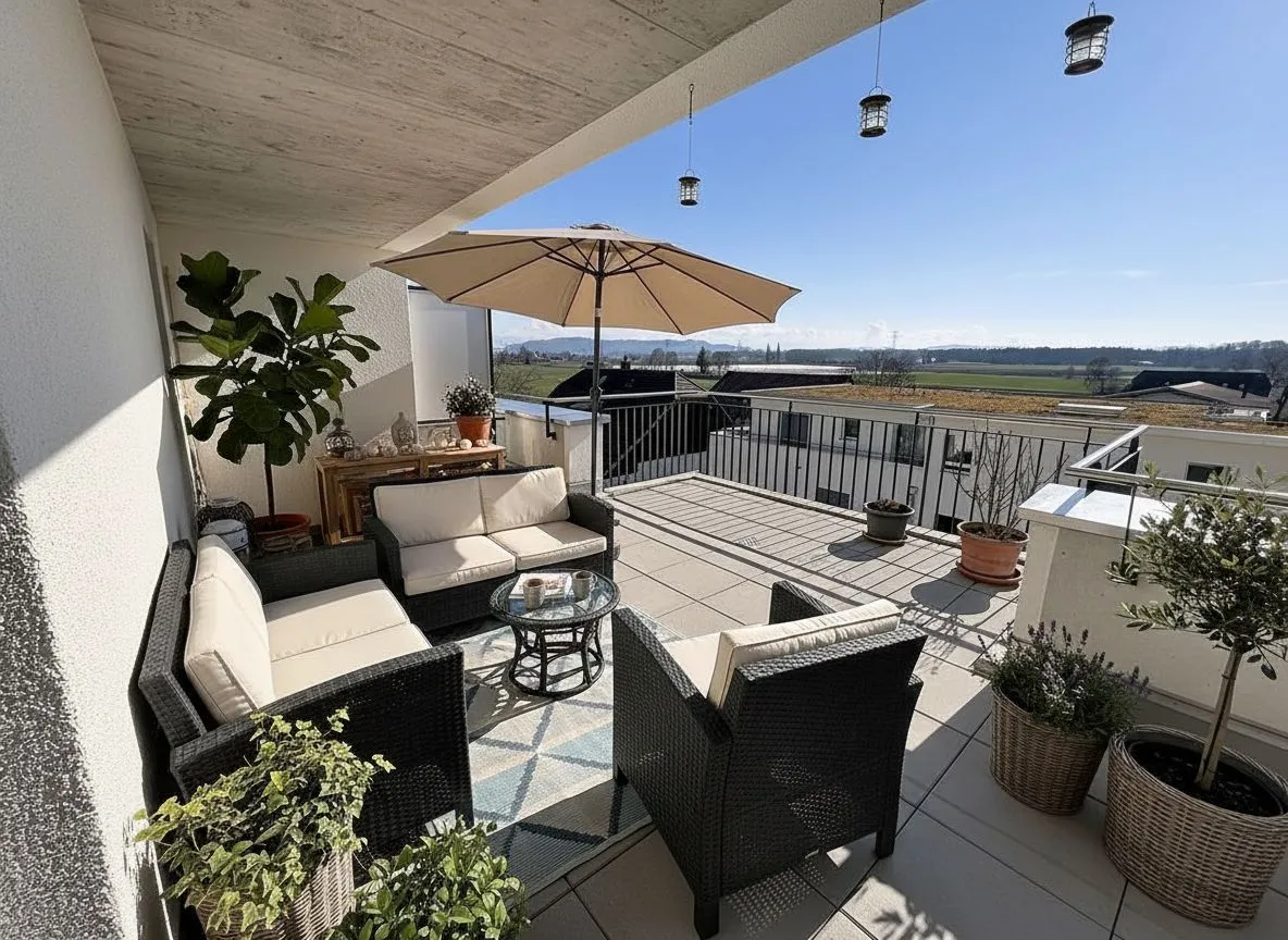 Sonnige Terrasse mit Lounge-Möbeln