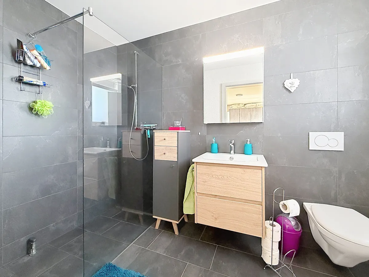 Modernes Badezimmer mit Walk-in-Dusche und Waschtisch