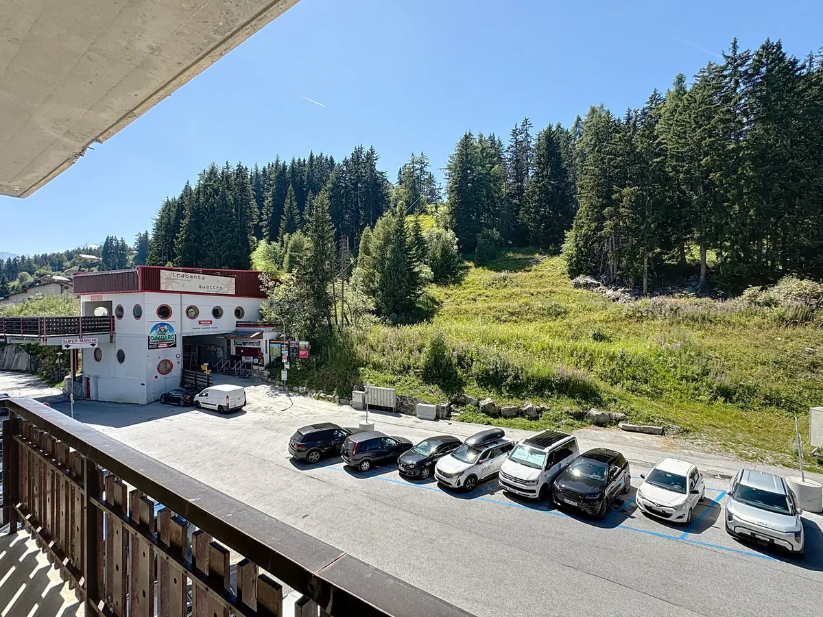 Balkonblick auf Bergstraße und Wald