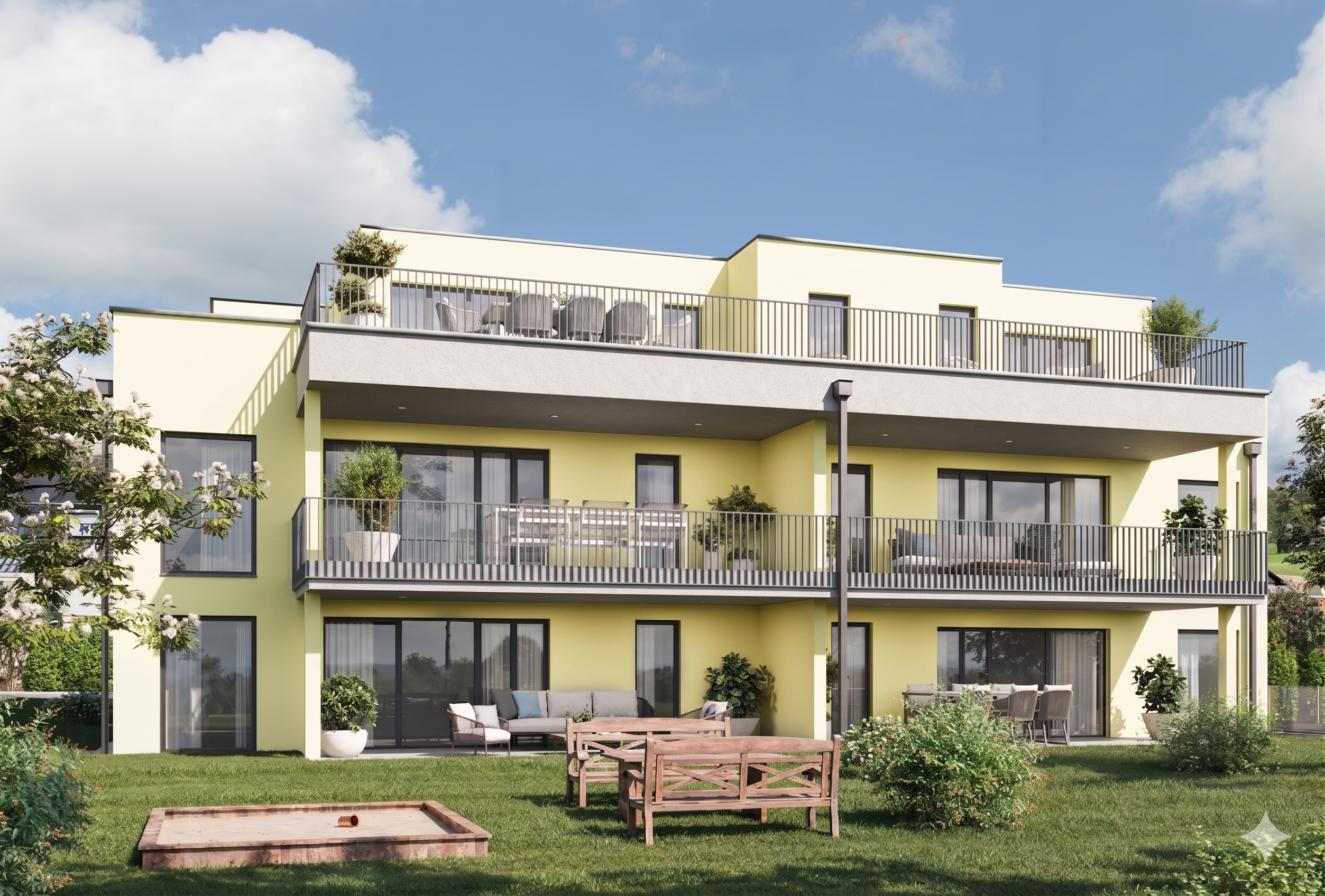 Modernes Mehrfamilienhaus mit Dachterrassen und Garten