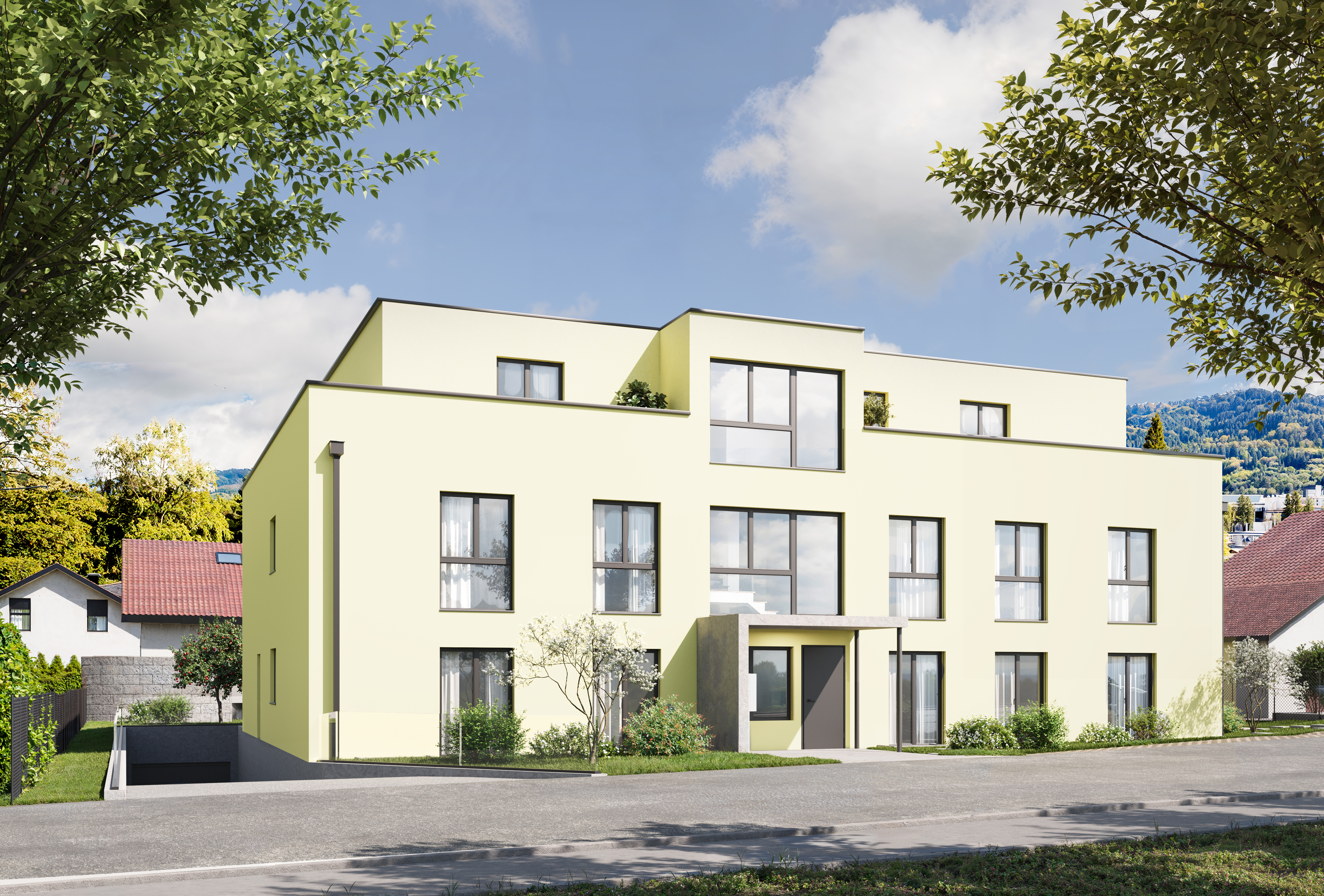 Modernes Mehrfamilienhaus mit Flachdach und großzügiger Fensterfront
