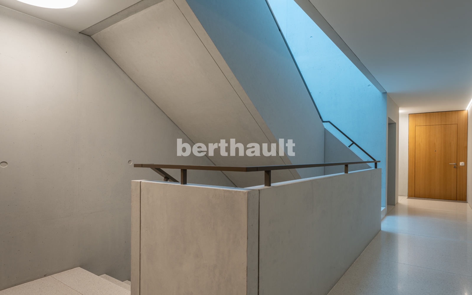 Modernes Treppenhaus mit Oberlicht und Holztür