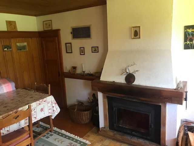 Wohnraum mit Kamin und Holzdetails