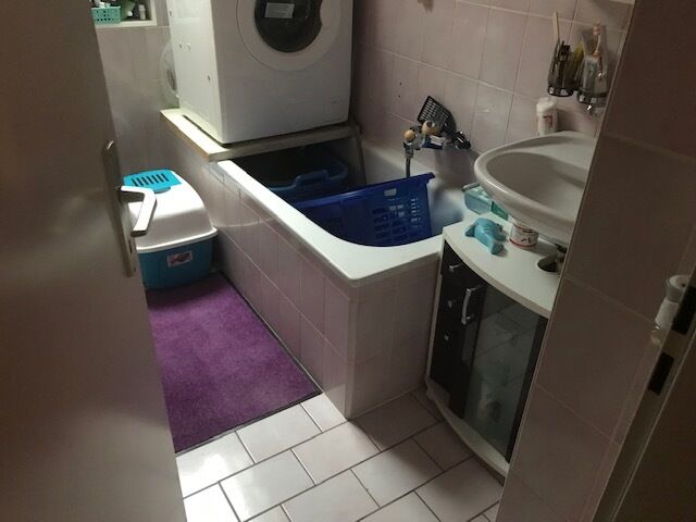 Kleiner Hauswirtschaftsraum mit Badewanne und Waschmaschine