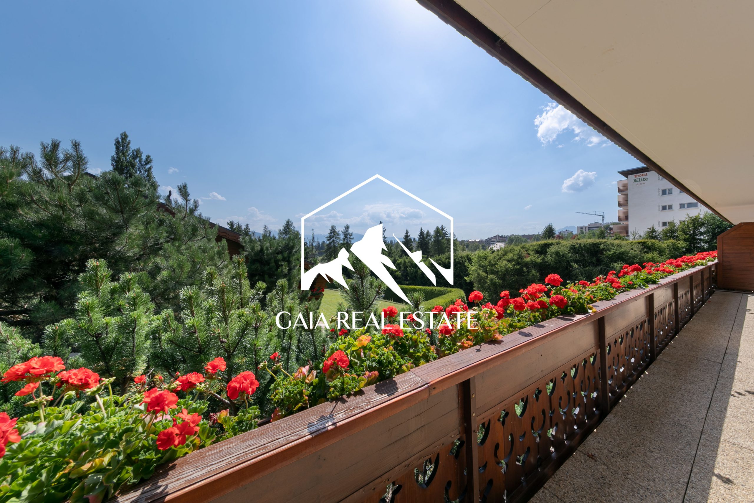 Balkon mit Blumen und Bergblick