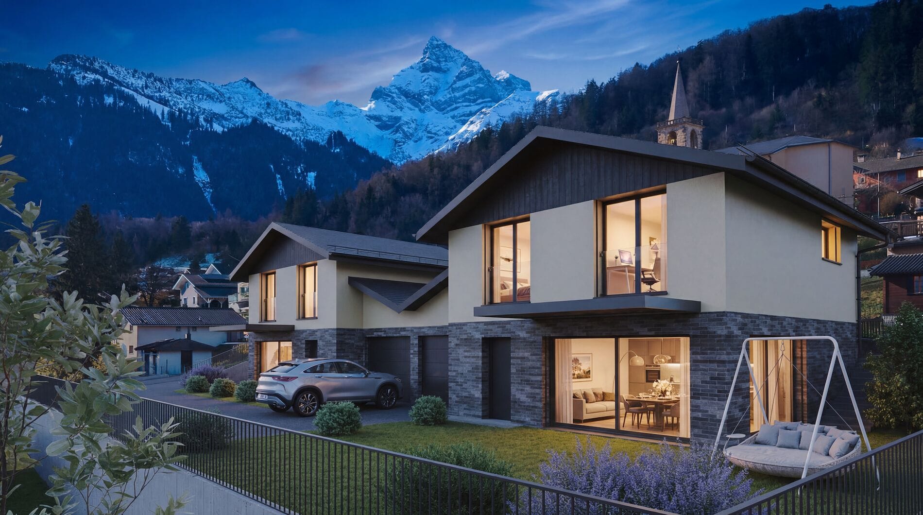 Alpenhaus mit Bergblick bei Dämmerung