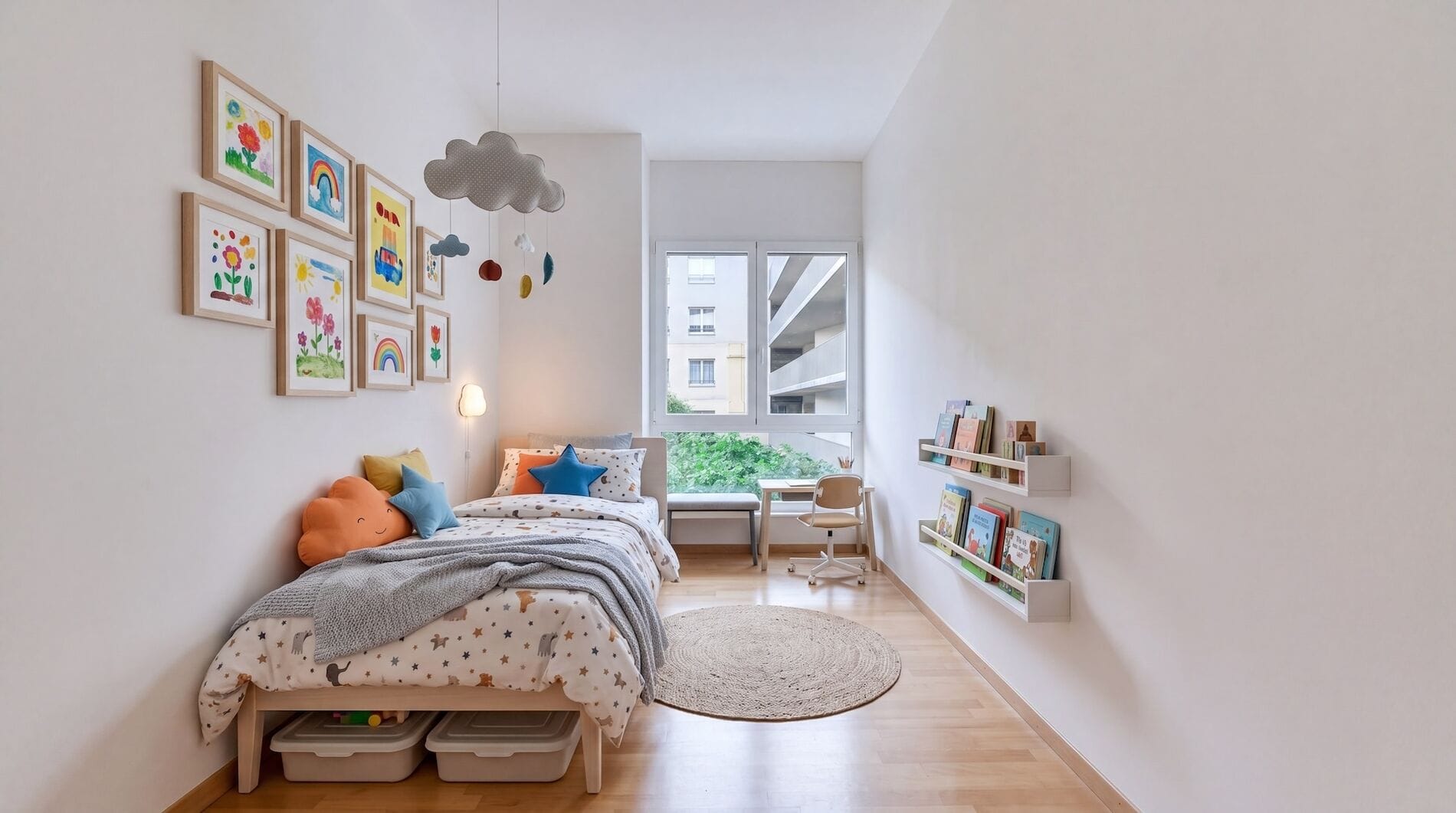 Helles Kinderzimmer mit Bett und Fenster