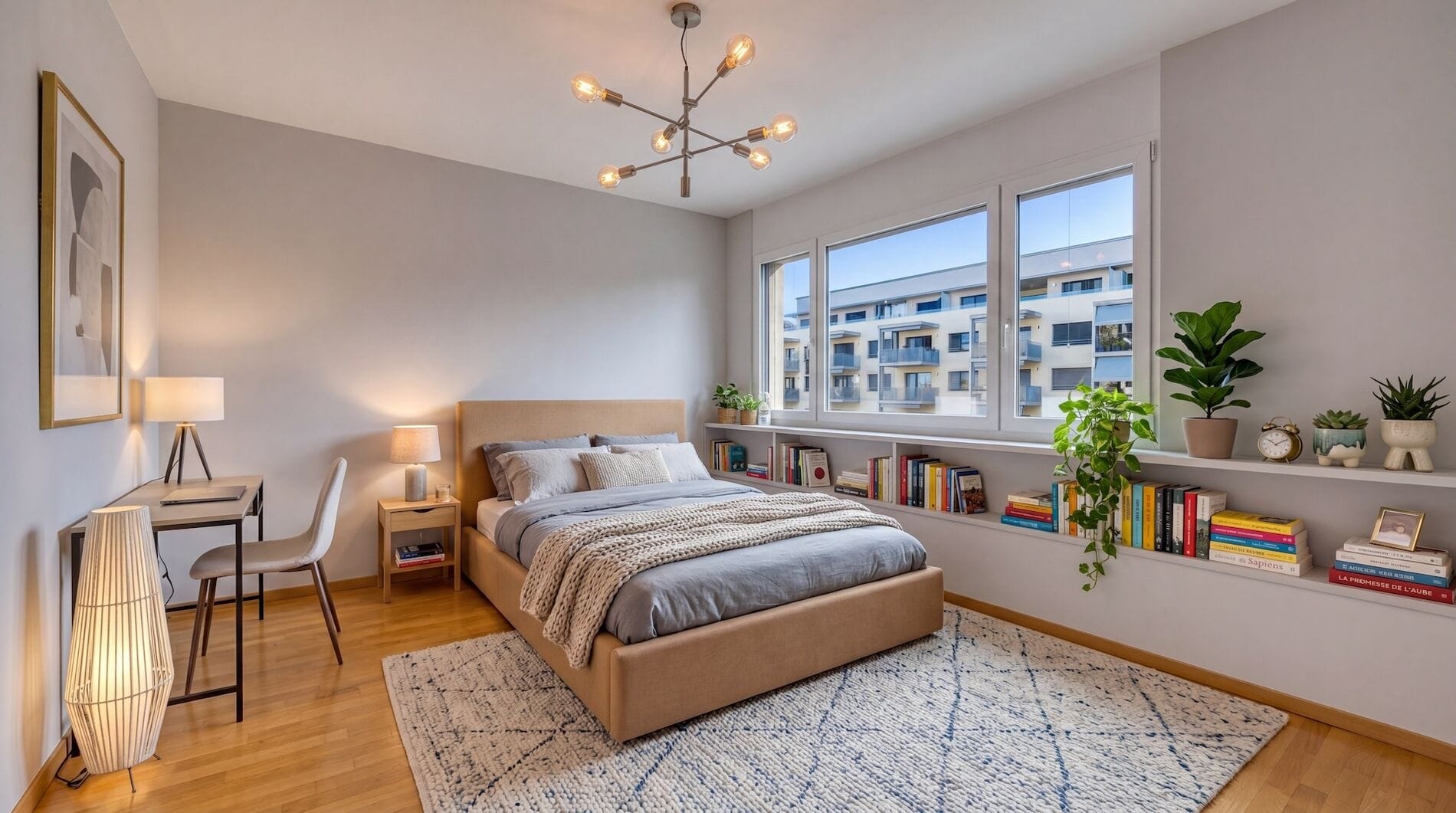 Helles Schlafzimmer mit Balkonblick