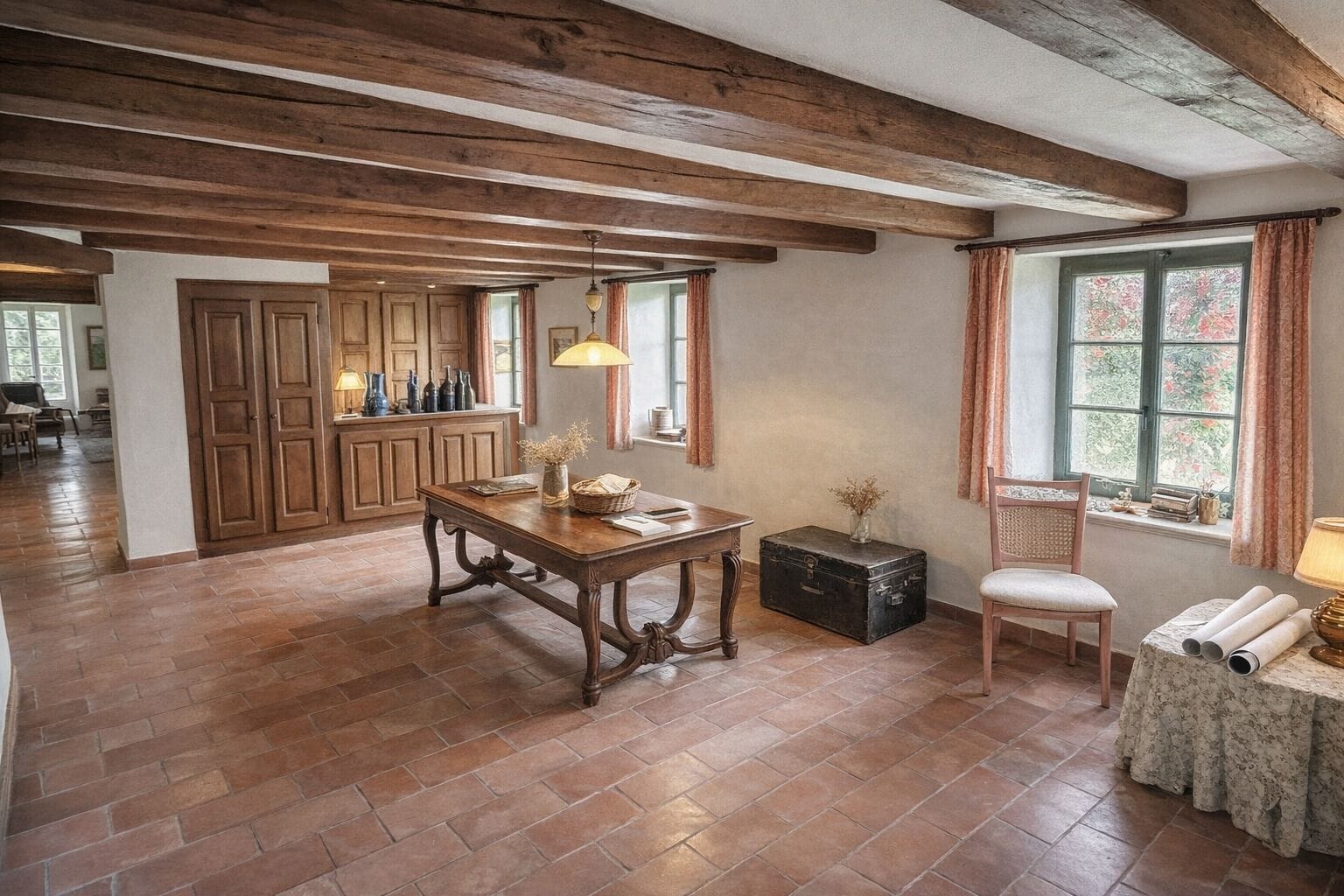 Rustikaler Wohn- und Essbereich mit sichtbaren Holzbalken