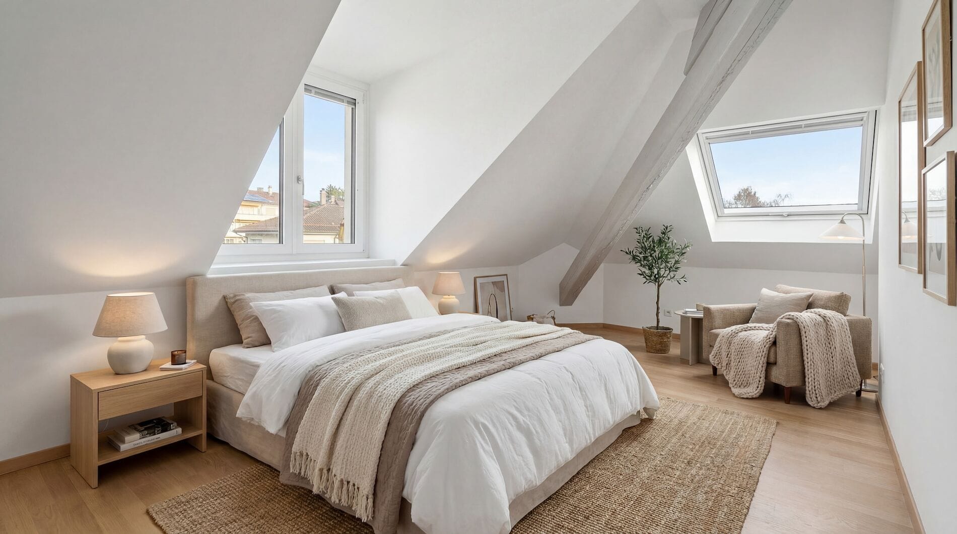 Helles Dachgeschoss-Schlafzimmer mit skandinavischer Einrichtung