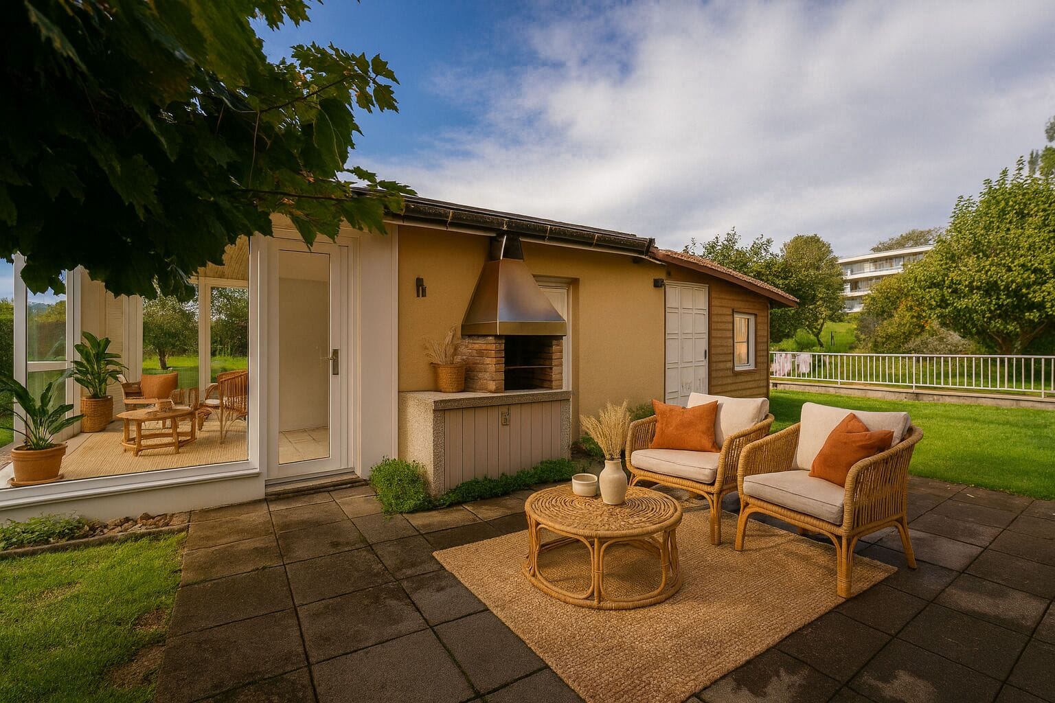 Gemütliche Gartenterrasse mit Lounge-Möbeln und Grill