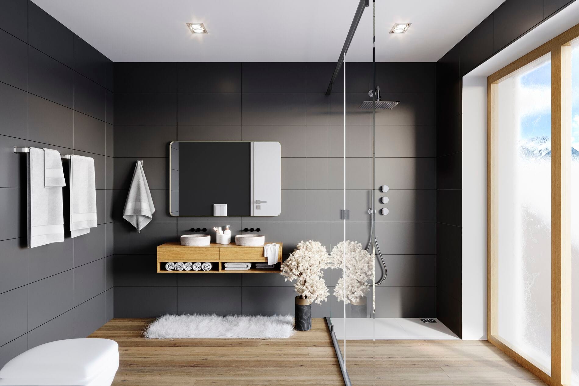 Modernes Badezimmer mit bodentiefer Dusche und Holzdetails