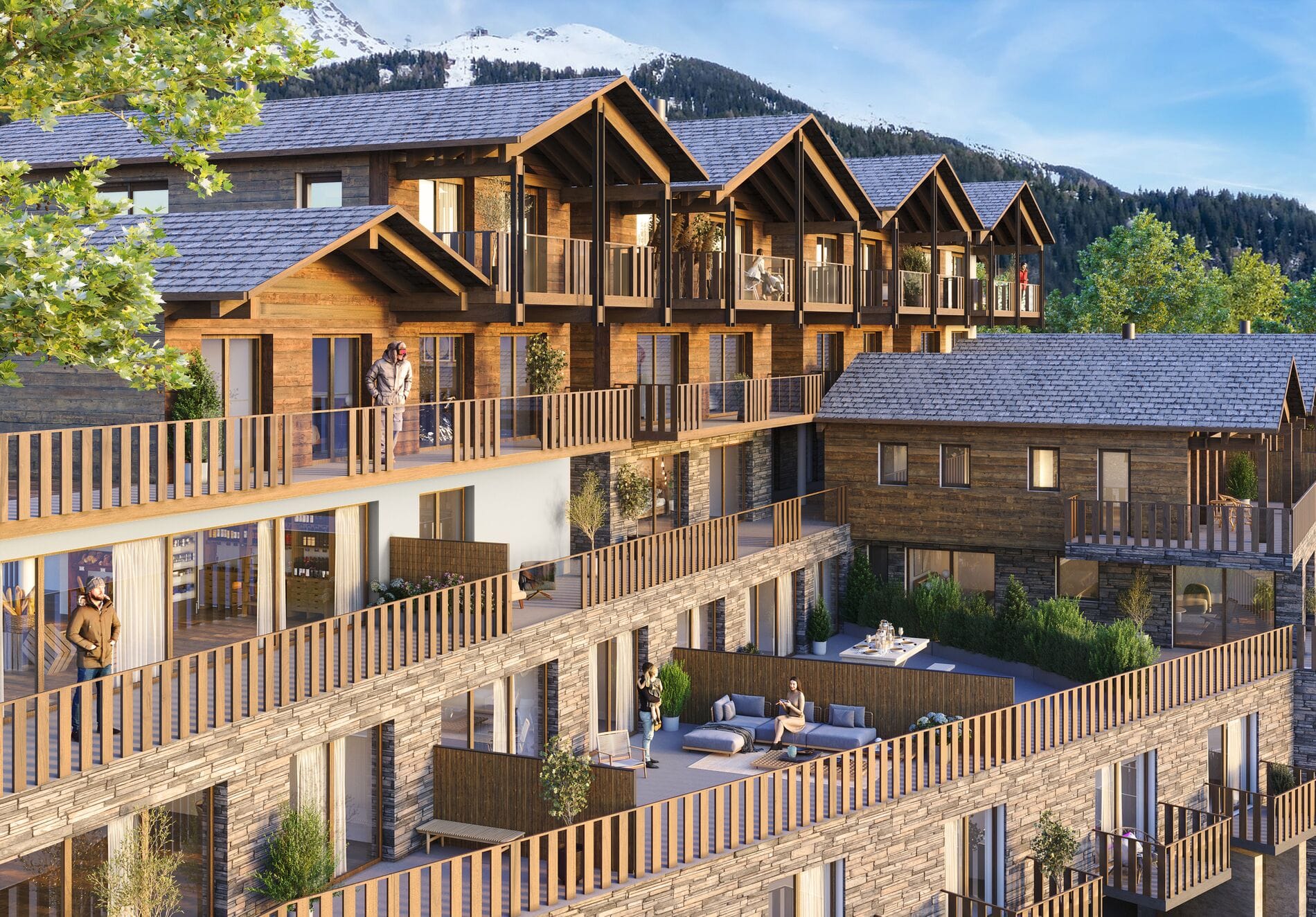 Alpen-Residenz mit Holzfassade und Balkonen