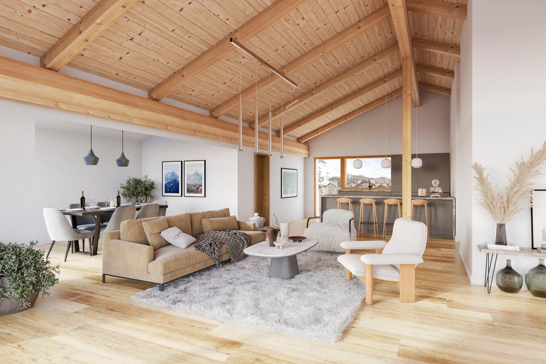 Offener Wohn-, Ess- und Küchenbereich im Chalet-Stil
